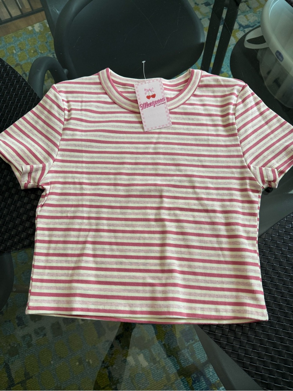 Mariposa Pink & Cream Striped Ribbed Short Sleeve Tee